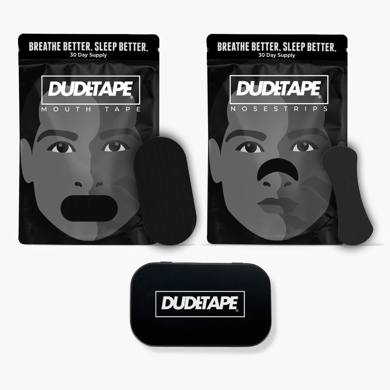 Packaging for Dude Mouth Tape and Nose Strip, with a storage case.